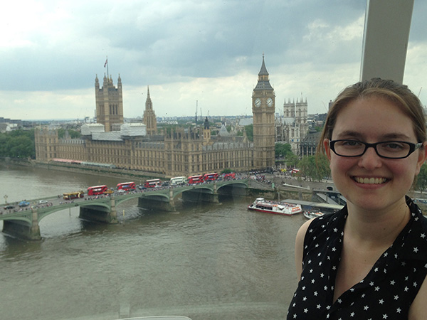 Julia rides the London Eye in front of Parliament and Big Ben during summer 2016.