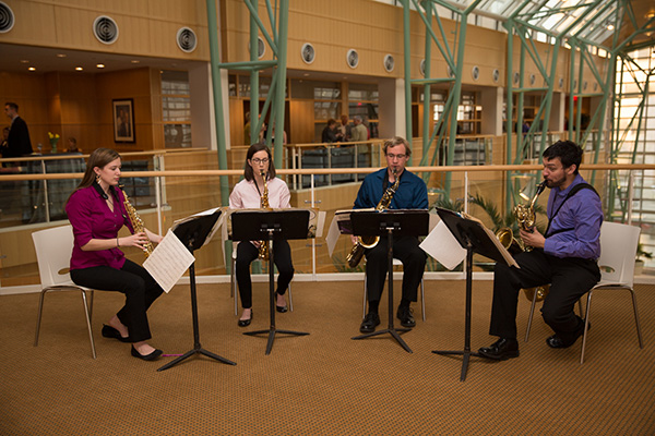 A music ensemble plays in the Wintergarden during the 2016 art exhibition.