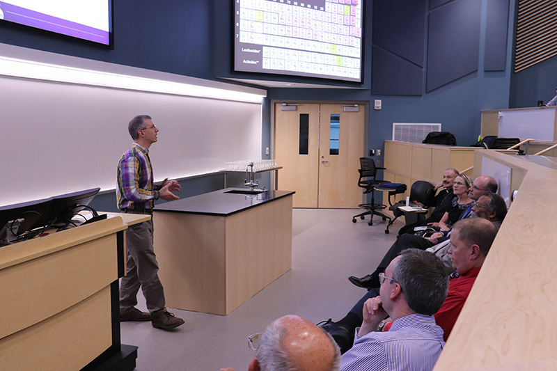 Associate Professor of Chemistry Matt Lopper '98 demonstrates Chudd Auditorium's new technology