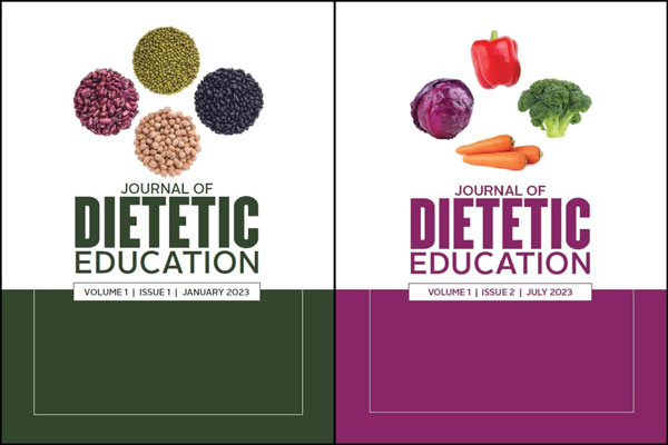 The covers of the first two issues of the Journal of Dietetic Education. Issue 1 has four piles of different dry beans, and issue 2 has four different vegetables.