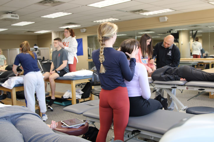 In the foreground, a student is sitting on a high-low table at a low setting while another student stands on the floor behind her and manipulates her neck. In the background, another student group is doing the same manipulation but the student therapist is kneeling on a non-adjustable table to get to the right height behind her mock patient. The rest of the photo has other groups of two doing other forms of physical therapy manipulation.
