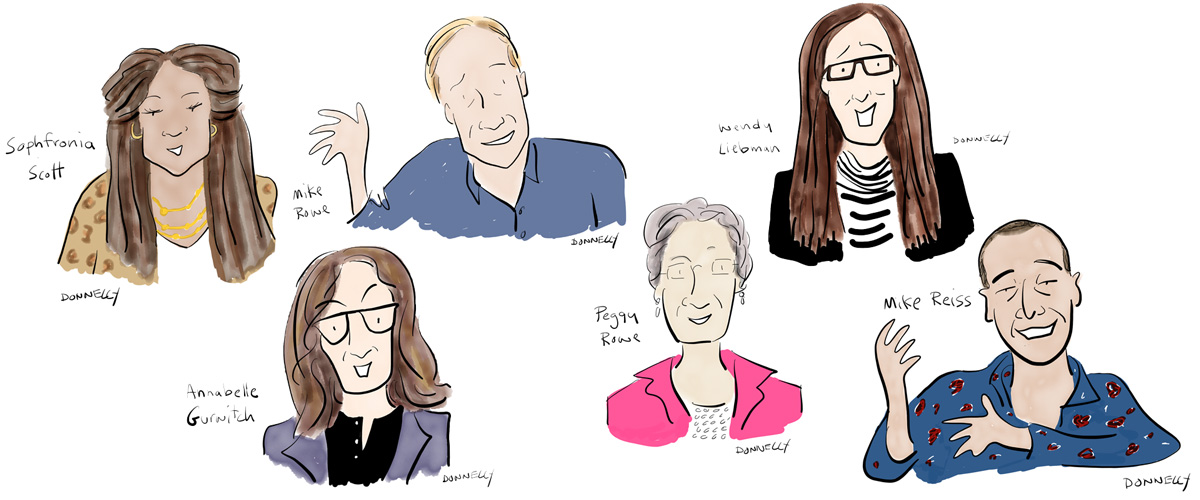 Keynote speakers, 2020 Erma Bombeck Writers' Workshop. Drawings by New Yorker cartoonist Liza Donnelly.