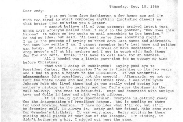 An excerpt of letter to Andy Bombeck from his mother.