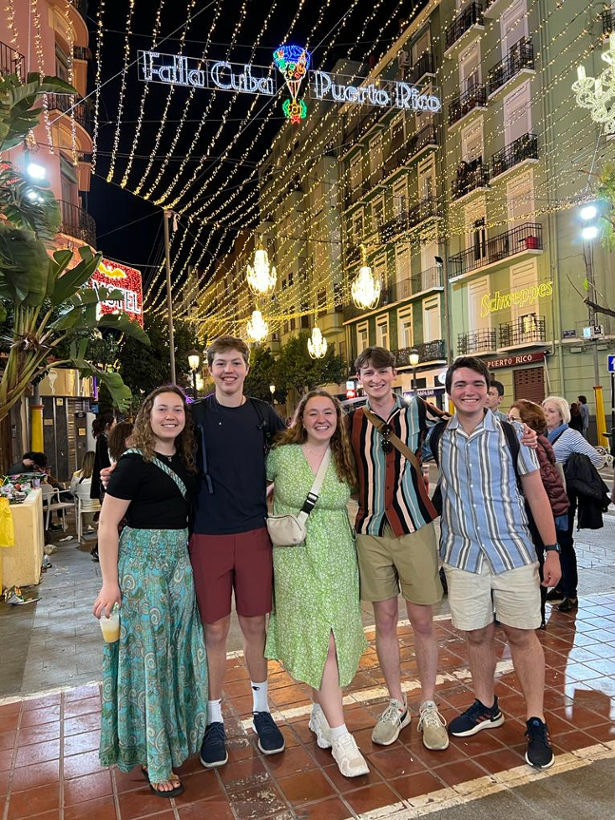 Tara McLoughlin alongside other UD students at a festival in Valencia Spain known as Las Fallas. From left to right pictured, are students Liesl Carter, Aidan Reno, Tara McLoughlin, Aidan Garland and Alejandro De Jesus. 