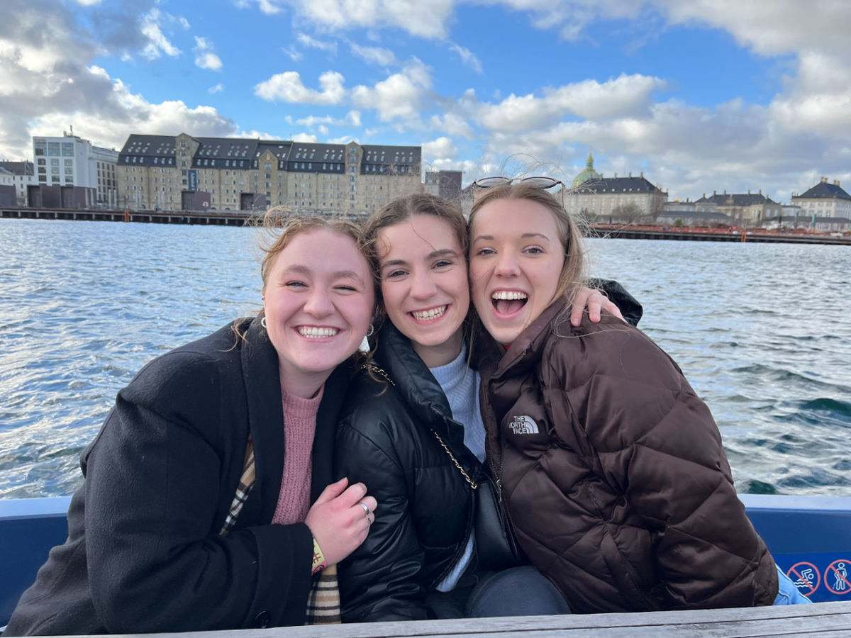 Hull Fellow Tara McLoughlin exploring the city of Copenhagen by boat with other UD students Lindsey Beattie and Kailey Melichar. 