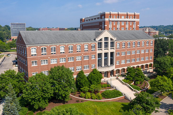 Aerial view of Keller Hall, home of the University of Dayton School of Law, taken in 2021.