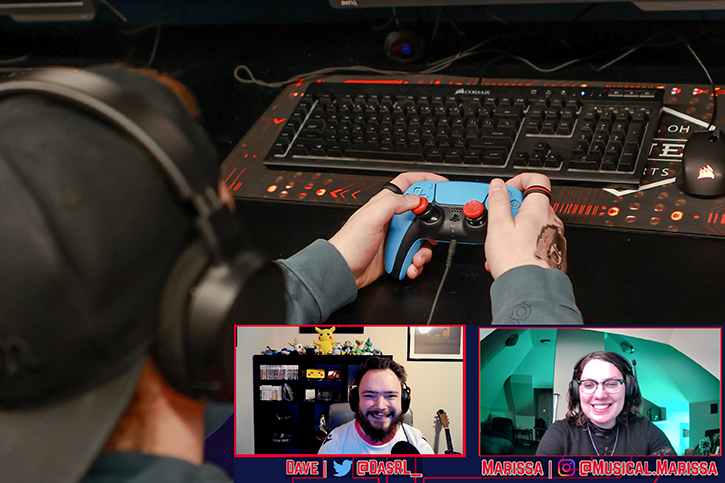 UD Rocket League player using a gaming console controller with a screenshot of the casting in the bottom right corner featuring David Schaffer and Marissa Perkins.