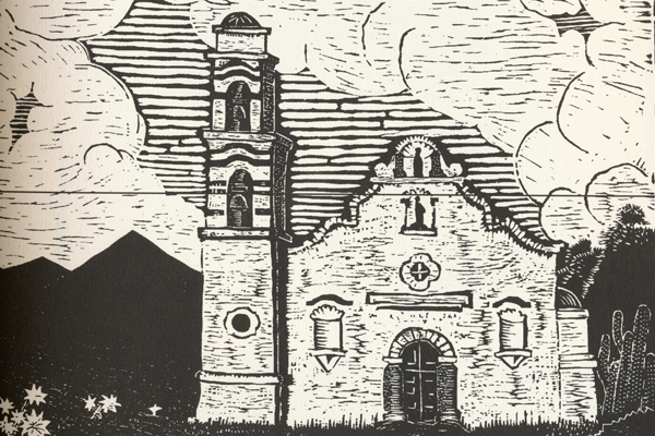 woodcut of church in Mexico