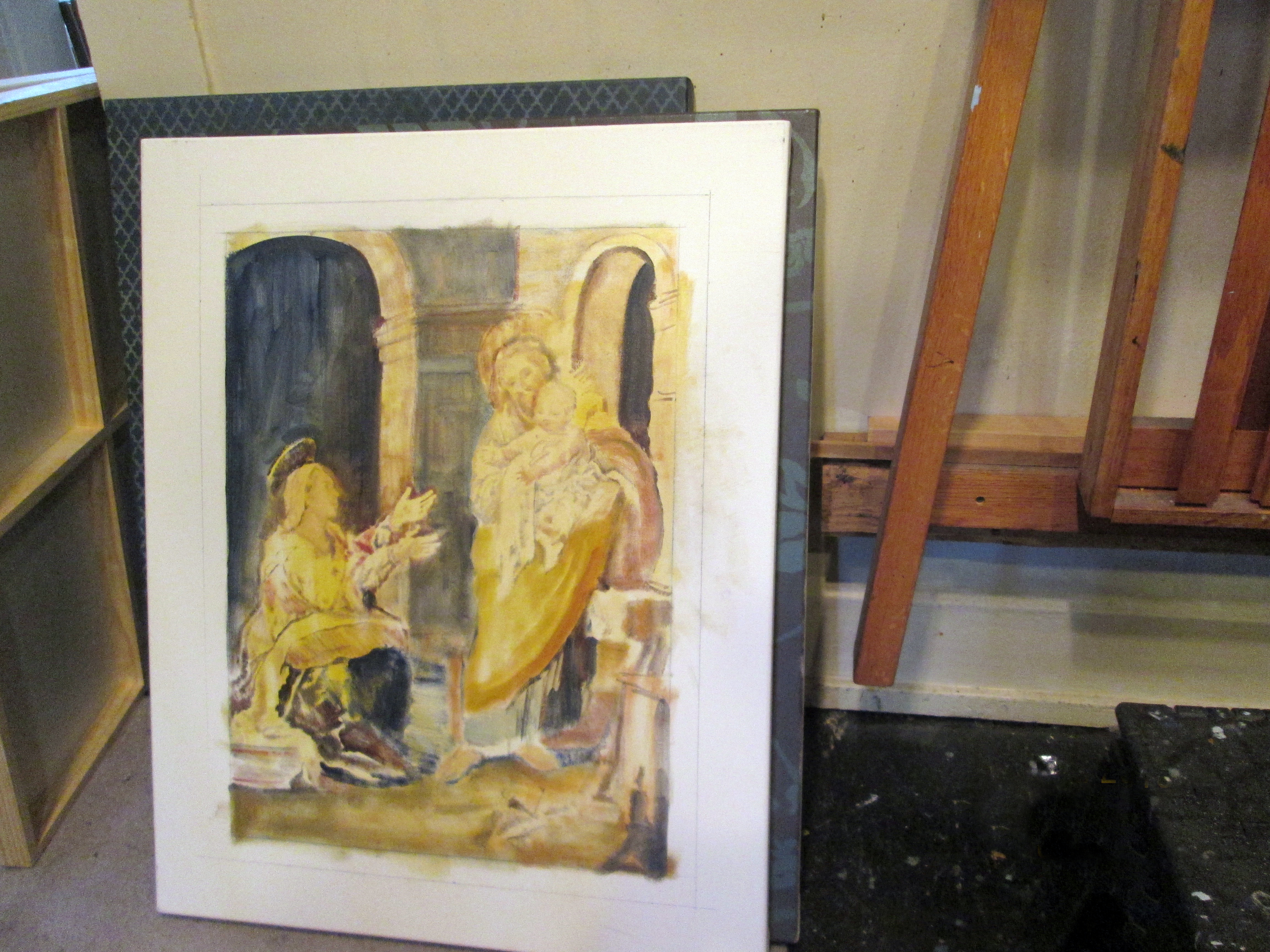 Work in progress of the painting titled "The Tiny Thimbles of the Harbell to Honor Our Lady?s Working Hands"