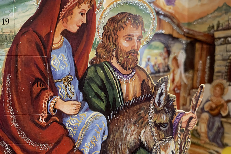 detail of Mary and Joseph on donkey