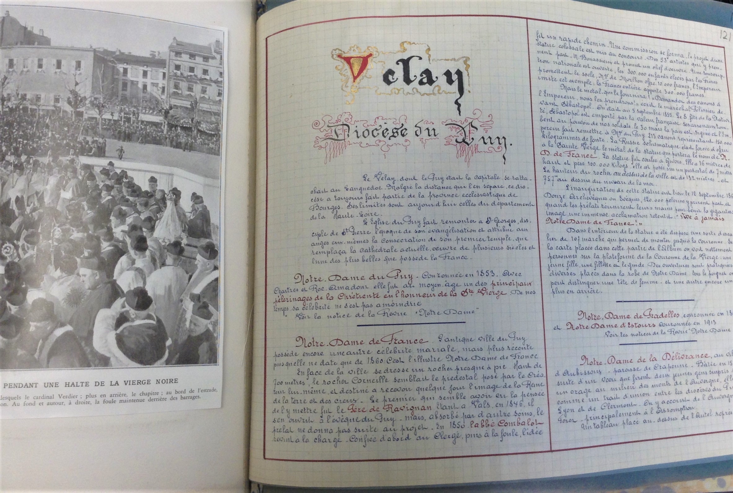 Open spread with black and white photo of a crowd on the left and the headline "Velay" with script righting on the right.
