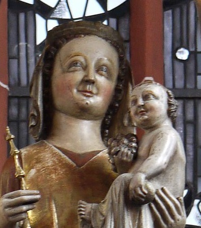 Close up of the face of Gnadenmadonna. 