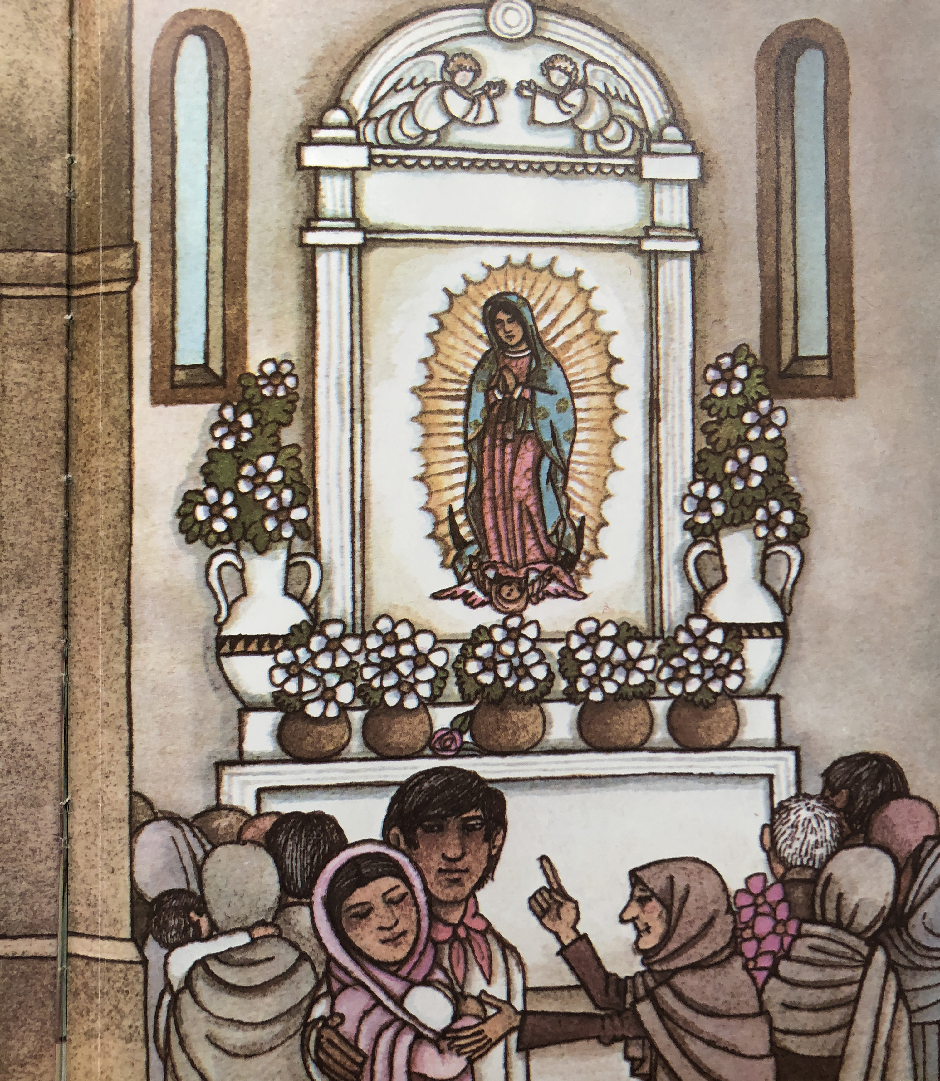 Inside page of book illustration of Our Lady of Guadalupe altar surrounded with flowers and a crowd of people at the base of the page