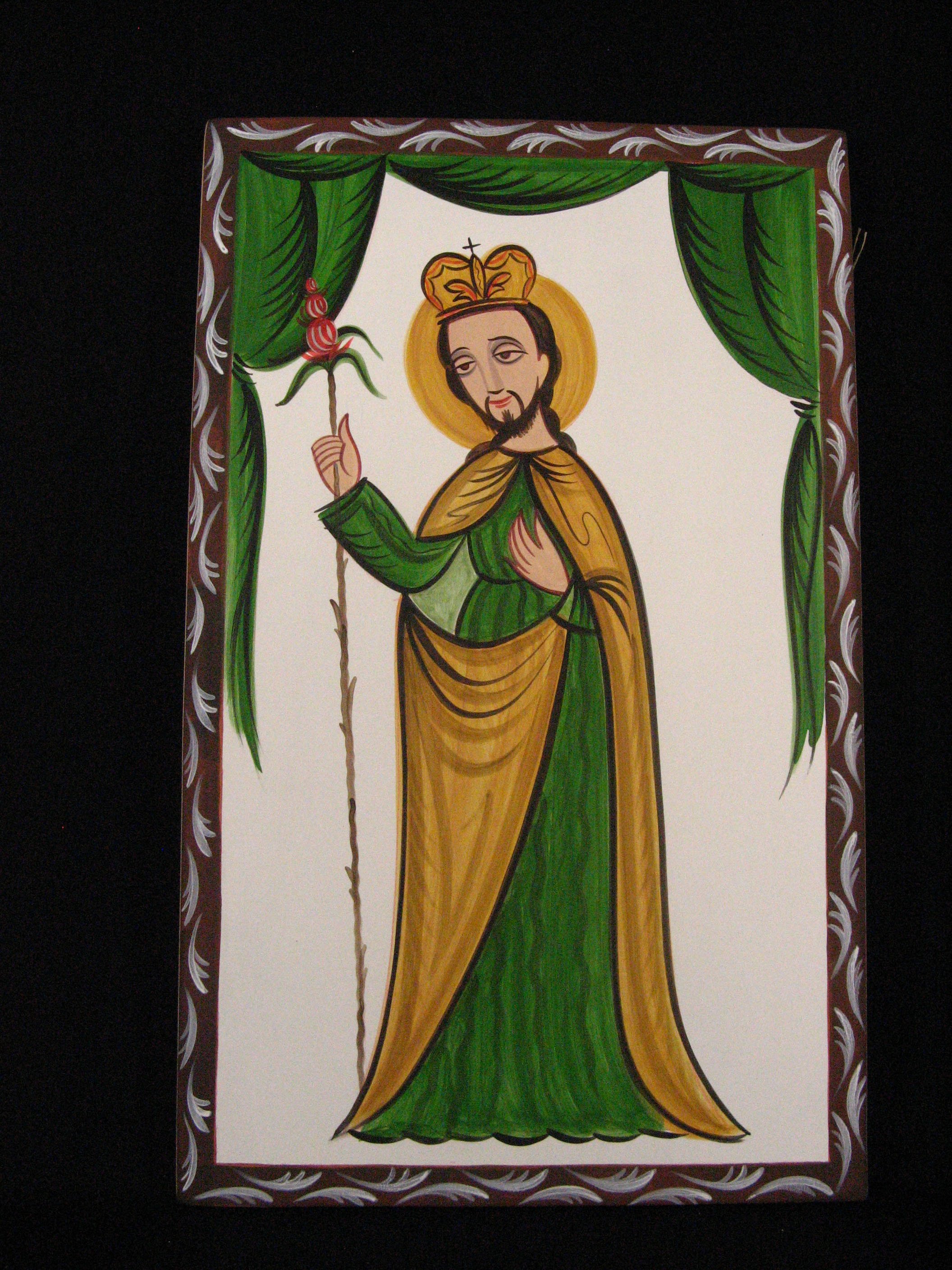 Saint Joseph standing and holding his staff. South American style with bold greens and mustard yellow as dominant colors.