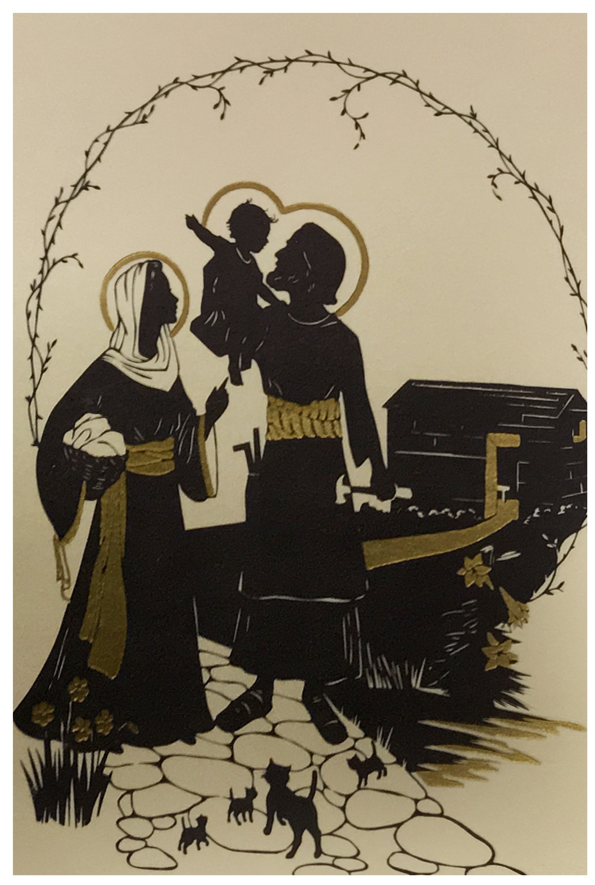 Silhouette of Holy Family where Joseph holding a young Jesus and a tool in the other hand
