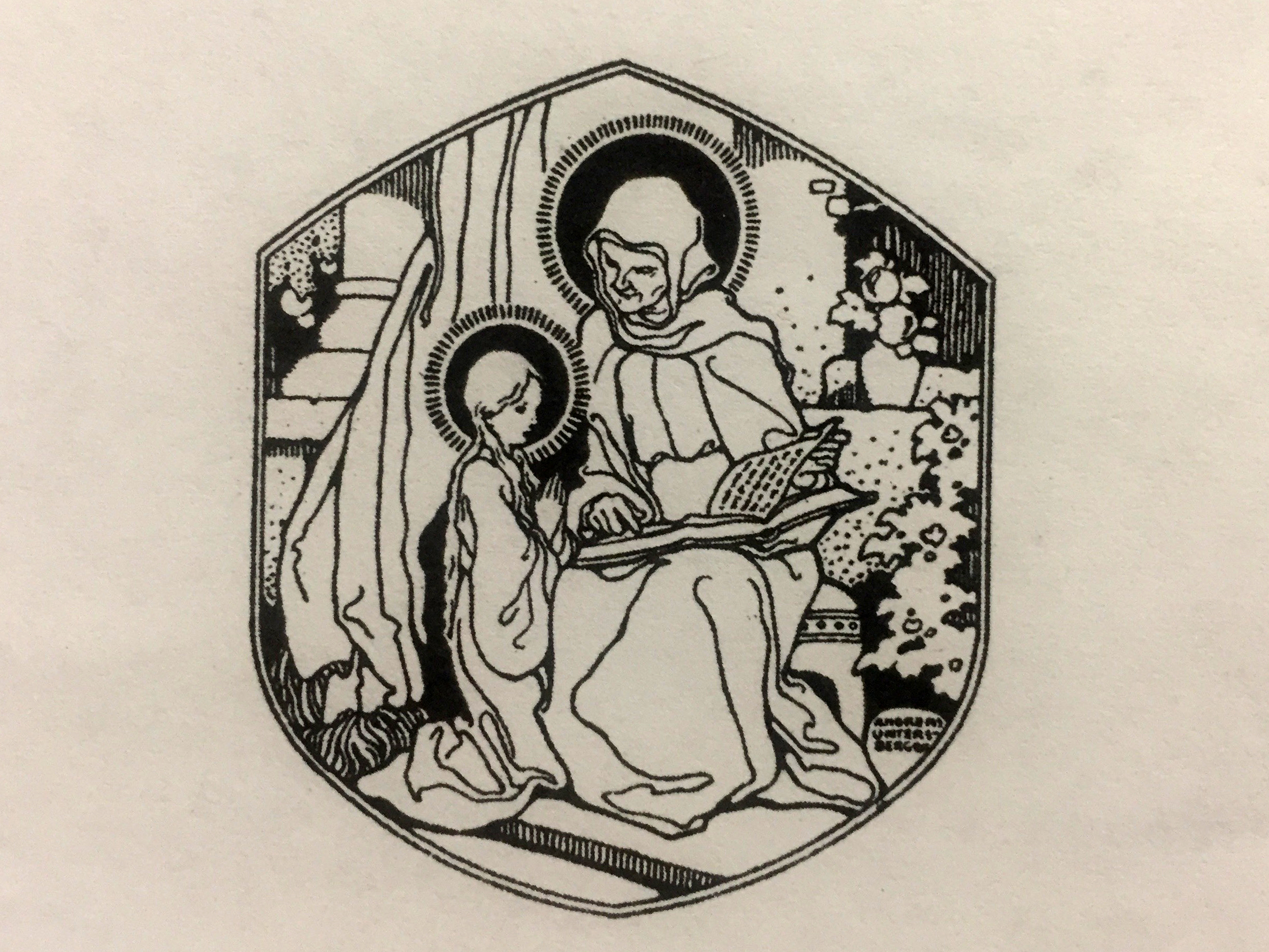 Line drawing of St. Anne reading a book to the child Mary