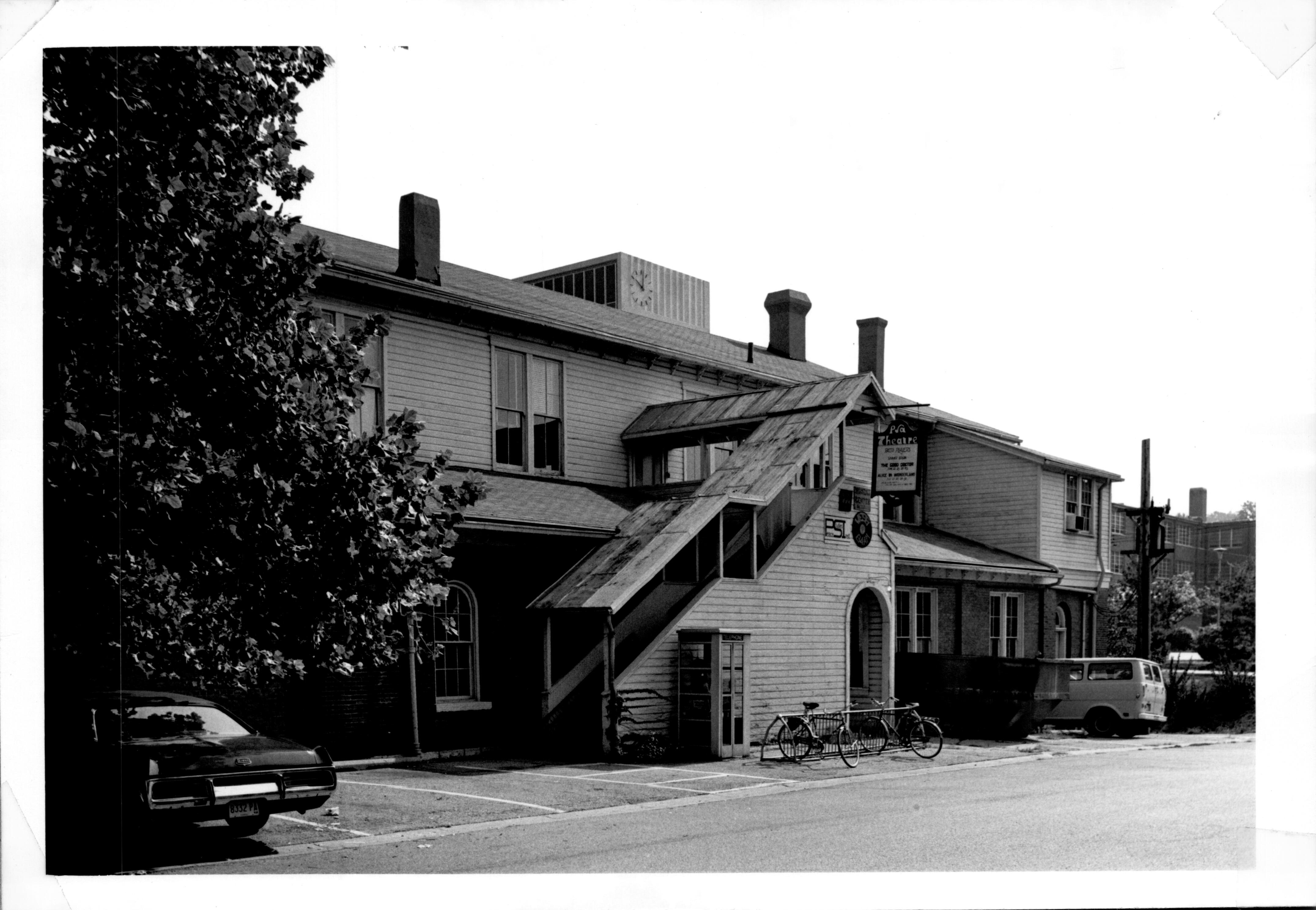 A black and white photo of the Rike building from the 1970s