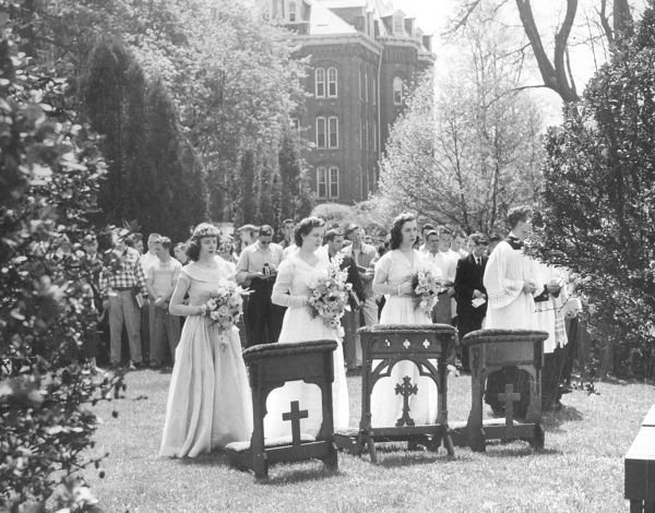 May Day at the University of Dayton, 1951; the women in the photo are, from left, Dolores McAnespie, Pauline Spring and Barbara Yox.