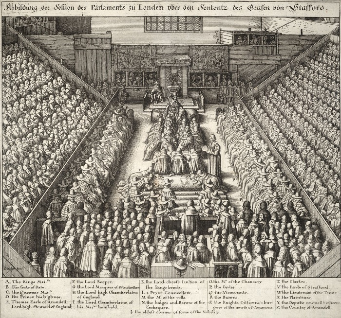 Engraving of England's Parliament at the trial of Thomas Wentworth, First Earl of Strafford, 1641.