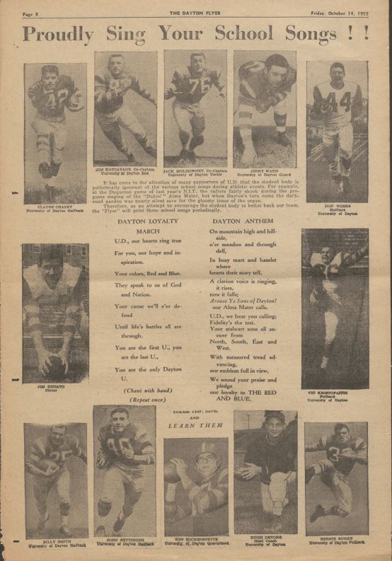 Photo of a newspaper page with football player portraits and two school songs.