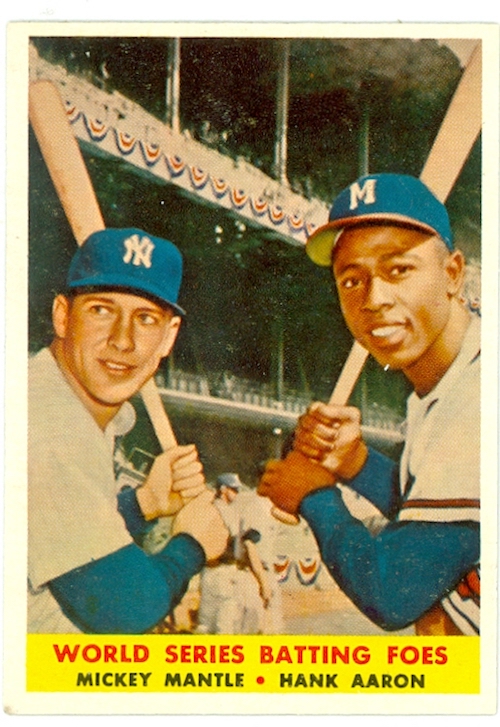 Baseball card with Mickey Mantle and Hank Aaron