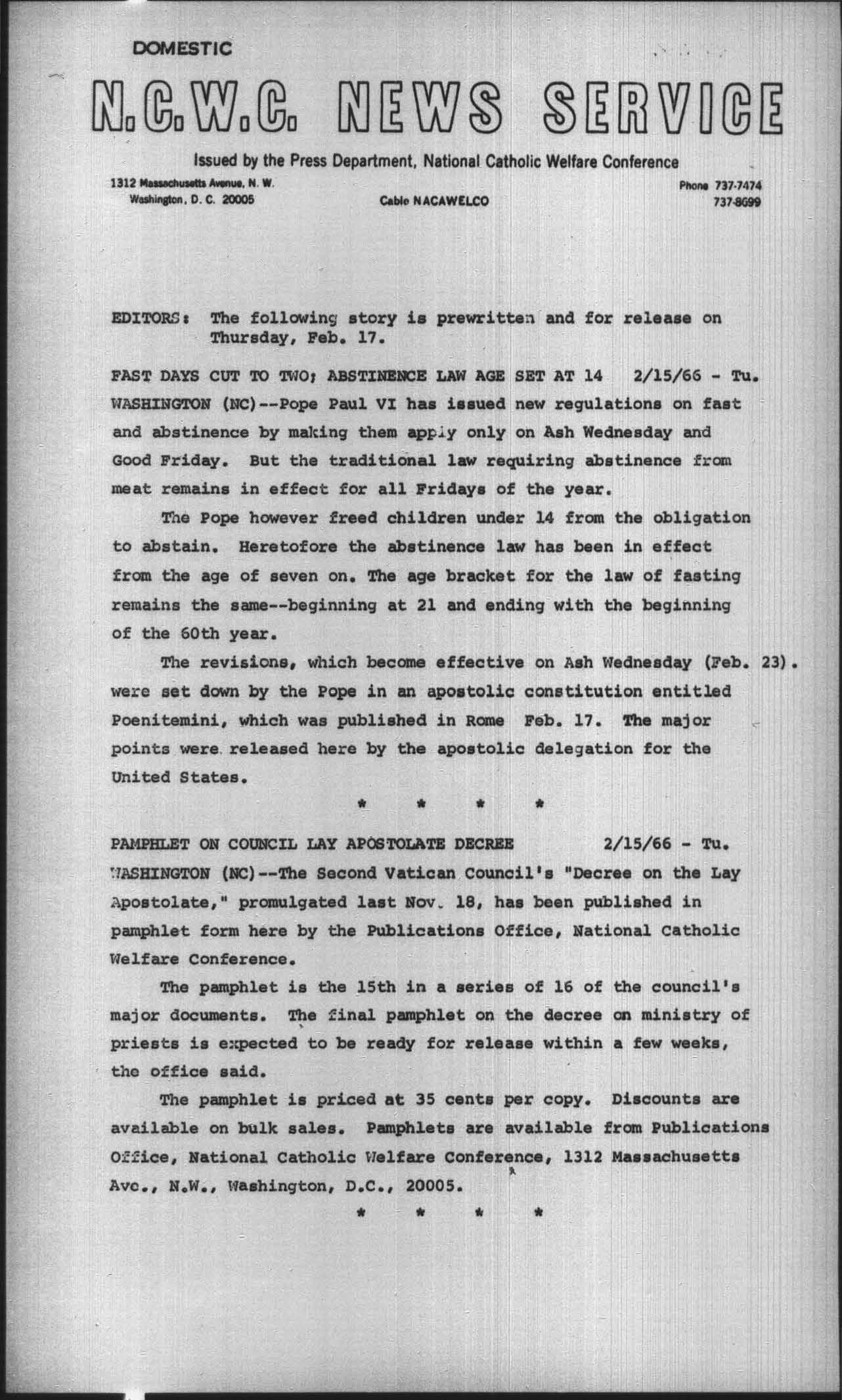 News from the National Catholic Welfare Conference, Feb. 15, 1966 (first page)
