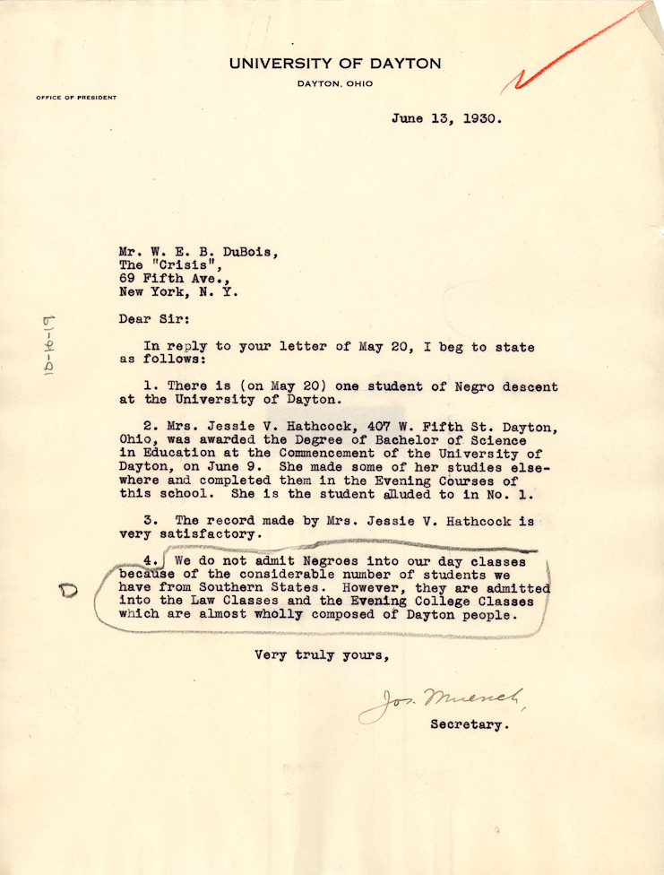 Letter from University of Dayton to W.E.B. DuBois 