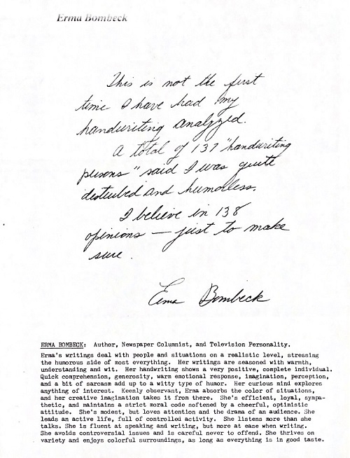Photo of a writing sample Erma Bombeck wrote to a handwriting analyst
