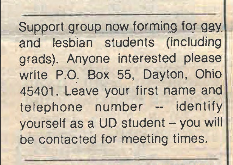 Flyer News classified ad asking people to mail in their name and phone number to be notified of LGBT group meetings