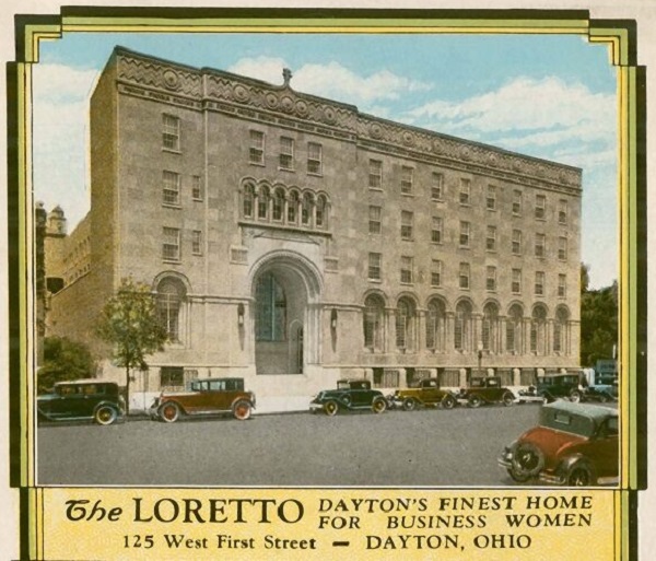 Postcard image of a women's communal residence in Dayton, the Loretto.