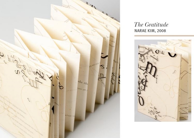 Photo of an artist book by Narae Kim. Pages fold out accordion-style. Title: Gratitude.
