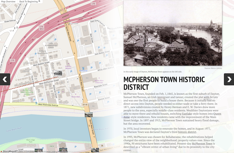 Screenshot of a StoryMapJS project featuring McPherson Town Historic District in Dayton, Ohio
