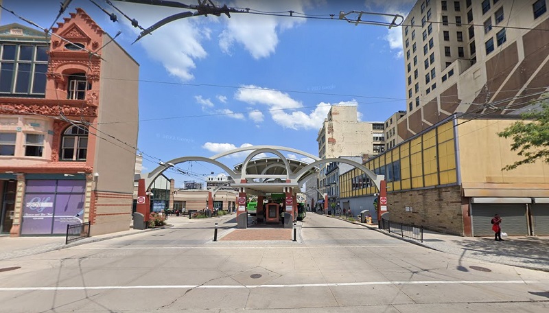 Picture of RTA hub in downtown Dayton; it is the former location of South Market Street.