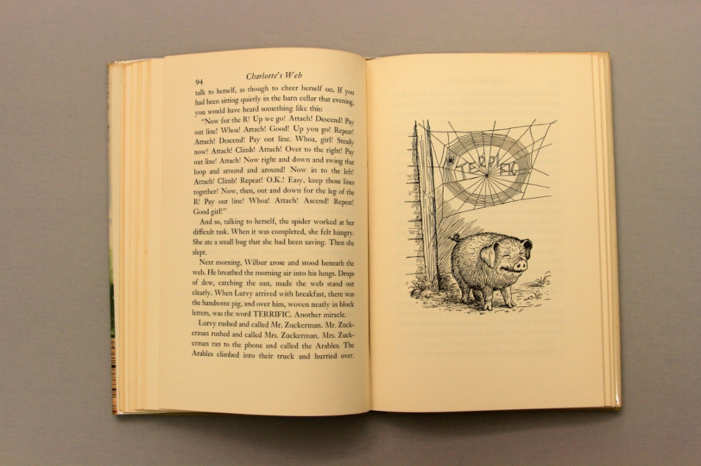 E. B. White?s Charlotte?s Web: Derided as blasphemous for its portrayal of animals as cogent and verbal, the 1953 Newbery Honor Book continues to be the subject of challenges and even a 2006 ban in Kansas. The item on display (1952) is a first edition.