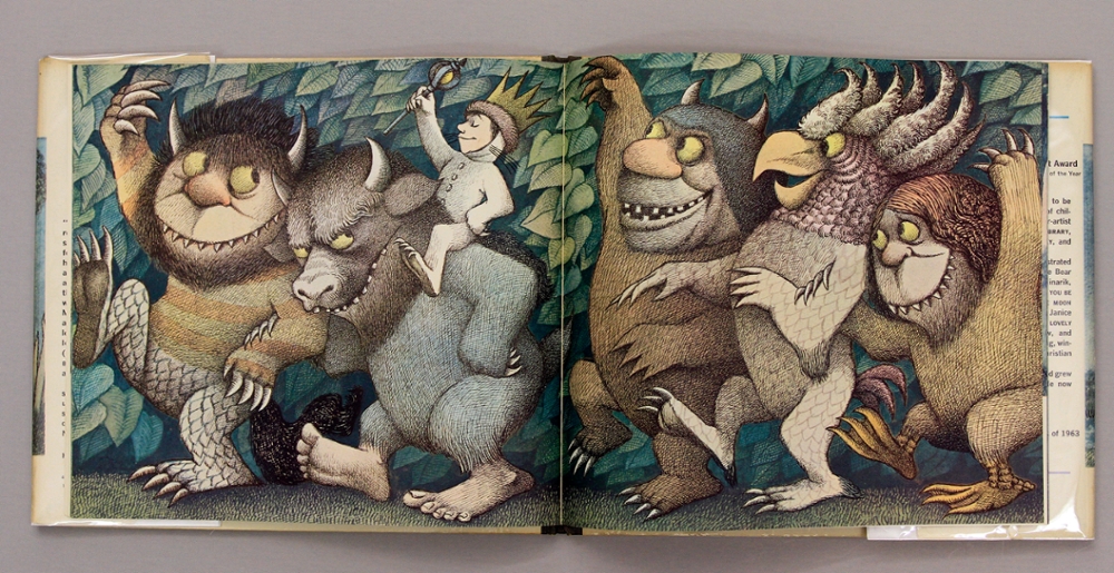 Maurice Sendak?s Where the Wild Things Are: Won the Caldecott Medal for best picture book in 1964; challenges called the illustrations ?too dark and frightening.? Objections also have included Max?s willful obstinance on the one hand and the abuse of being sent to bed without dinner on the other. The item on display (1963) is a first edition, first printing, inscribed by the author with an ink sketch of Max on the half title.
