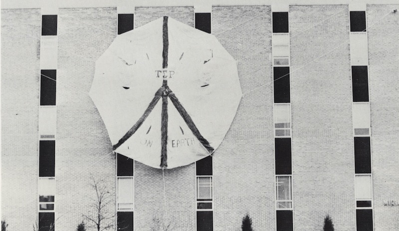 Photo of a peace banner on the side of Miriam Hall, University of Dayton, 1970. 