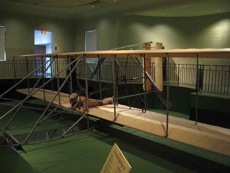 Photo of a restored Wright 1905 Flyer, also called the Wright Flyer III, at Carillon Historical Park, Dayton, Ohio, in 2012.