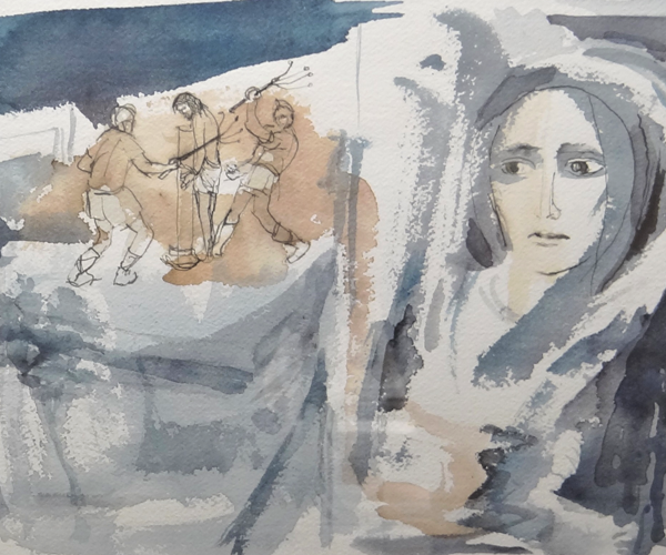 Scourging at the pillar depiction in watercolor
