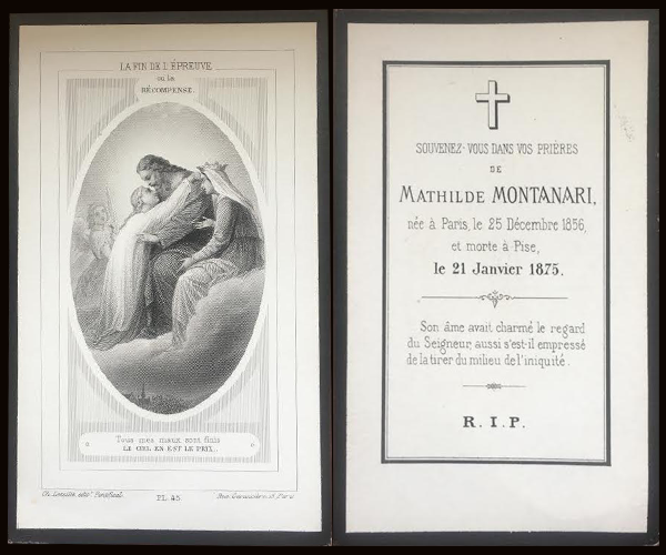 Memorial card (1875), front and back