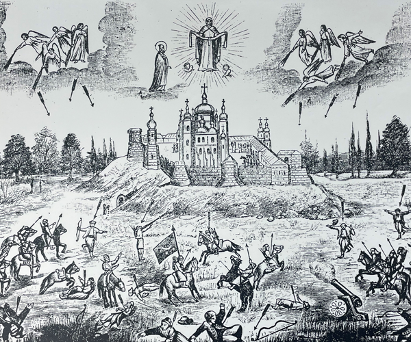 Woodcut print scene of the battle at Pochaiv monastery in 1675.