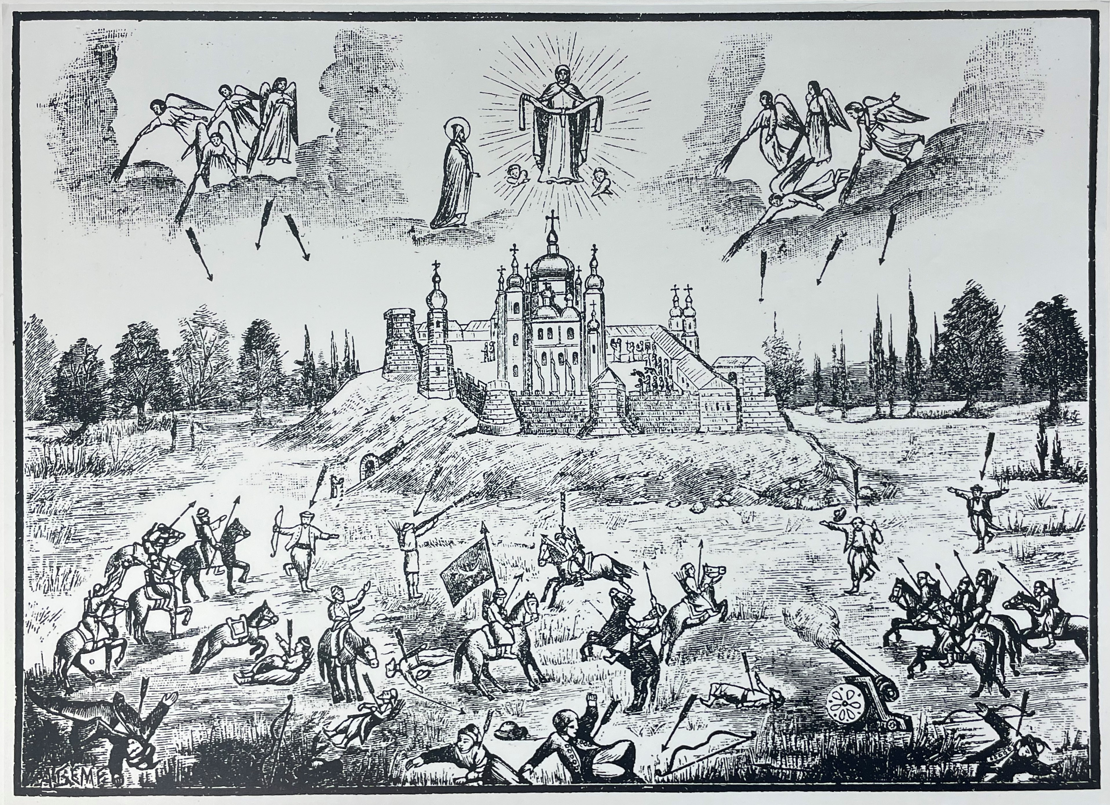 Woodcut print scene of the battle at Pochaiv monastery in 1675