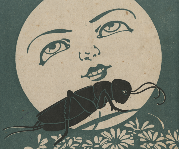 Detail of a cricket and a smiling moon from the children’s magazine 