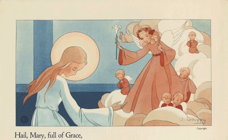 series of illustrations with Hail Mary text