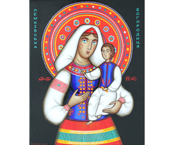 Madonna and Child in bright colors painted on wood with high gloss. Dressed in traditional Ukrainian attire.