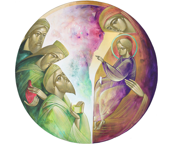 Round painting. Three Kings on left in green clothing. Mother and Child on right.