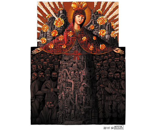 Mary with her veil spread like a mantle. Brown, orange and black tones. In the dark shadows of the veil, you can see subtle grey depictions of armed soldiers, pipes and structures.