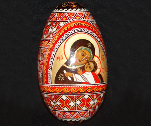 Decorated pysanka (egg) featuring the Eleousia icon