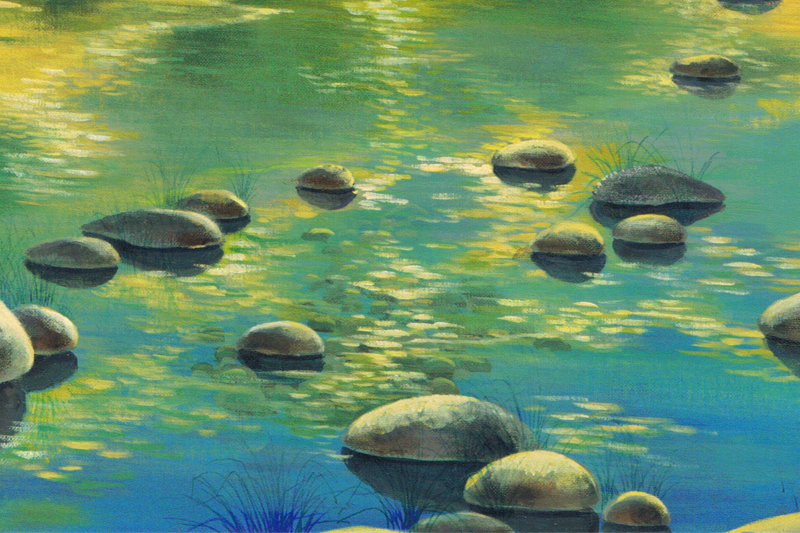 Illustrated water, such as a river, with blue and green tones. Still and reflective water with large, smooth brown rocks scattered in the foreground showing that the water is shallow.