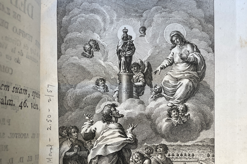 An engraving of the Virgin Mary appearing atop a column to James the Apostle. 