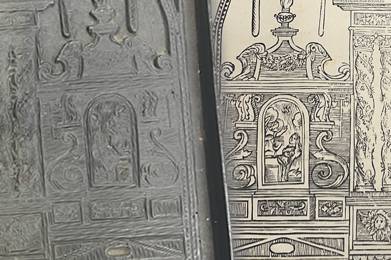 Woodblock detail on left which is a mirrored image of the detail of the print on the right. 
